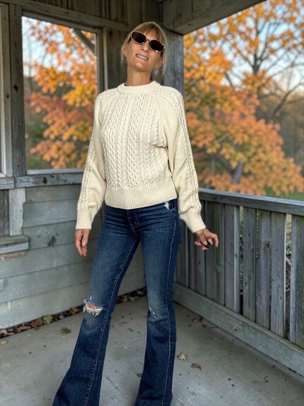Anthropologie Cropped Fisherman Sweater L Cream Cable Knit Cotton